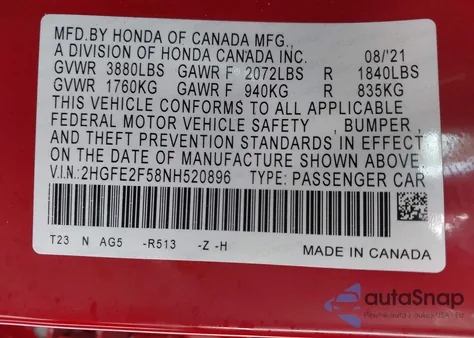 2022 Honda Civic Sport from USA, damaged, VIN 2HGFE2F58NH520896